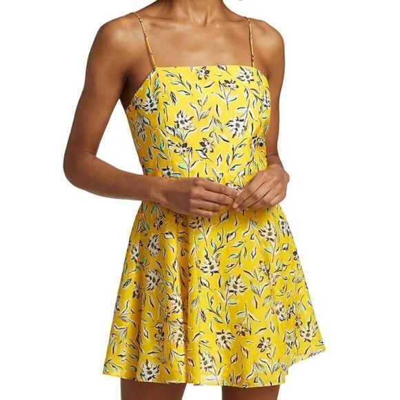 ALICE + OLIVIA Glinda Floral Silk-Cotton A-Line Swinging Sunbeam Yellow Dress 14 - Picture 1 of 11